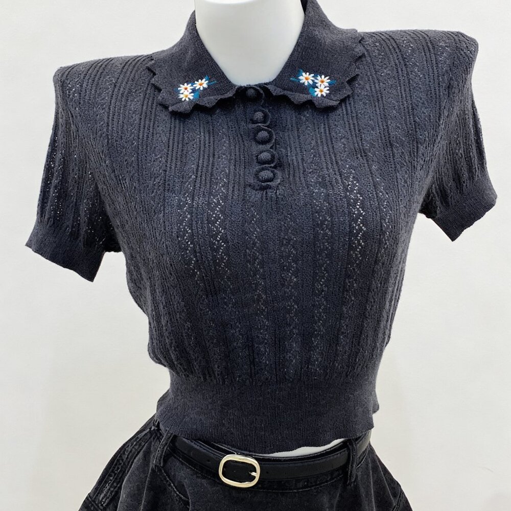 Self Portrait Cropped Top with a scalloped collar with floral embroidery